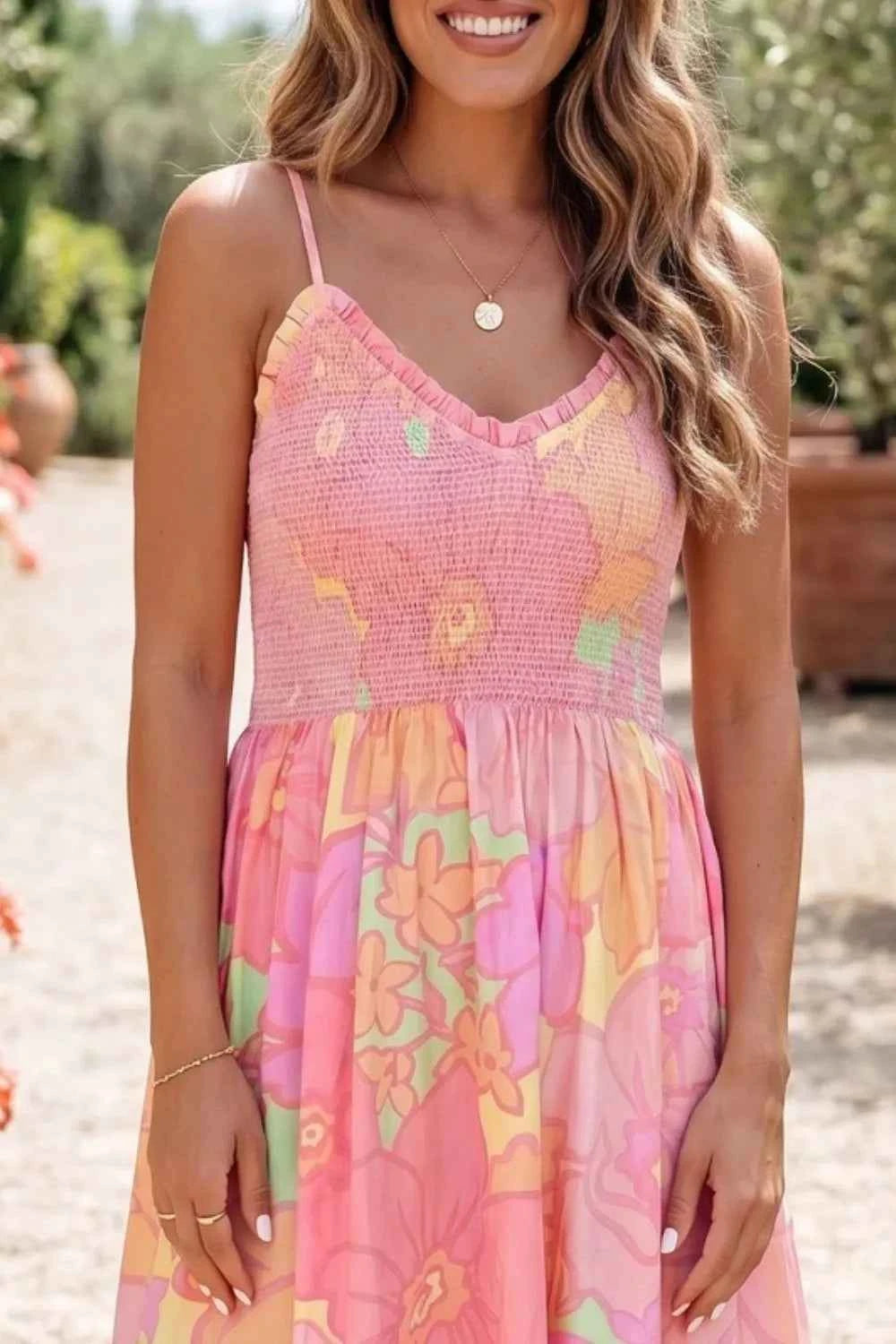 Spaghetti Straps Floral Shirred High Waist Dress