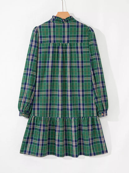 Plaid Frilly Collar Long Sleeve Shift Mini Dress