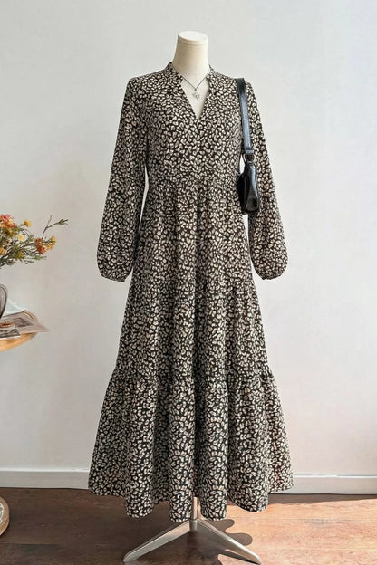 Leopard Notched Balloon Sleeve Dress