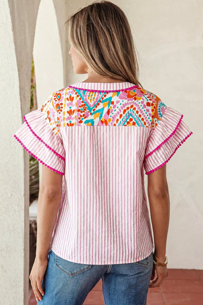 Mixed Print Contrast Trim Striped Patchwork Tiered Short Sleeve Blouse