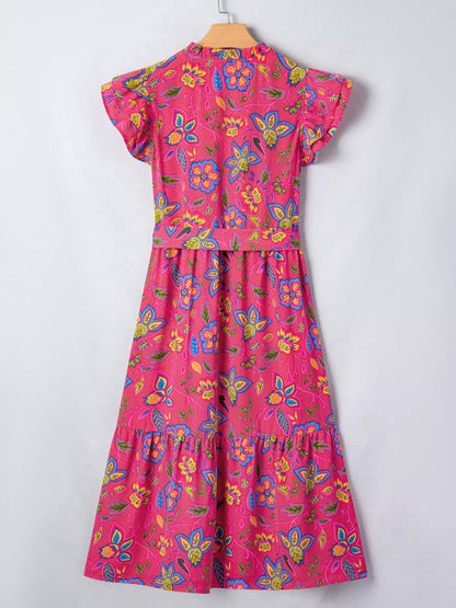 Flutter Sleeve Belted Floral Dress