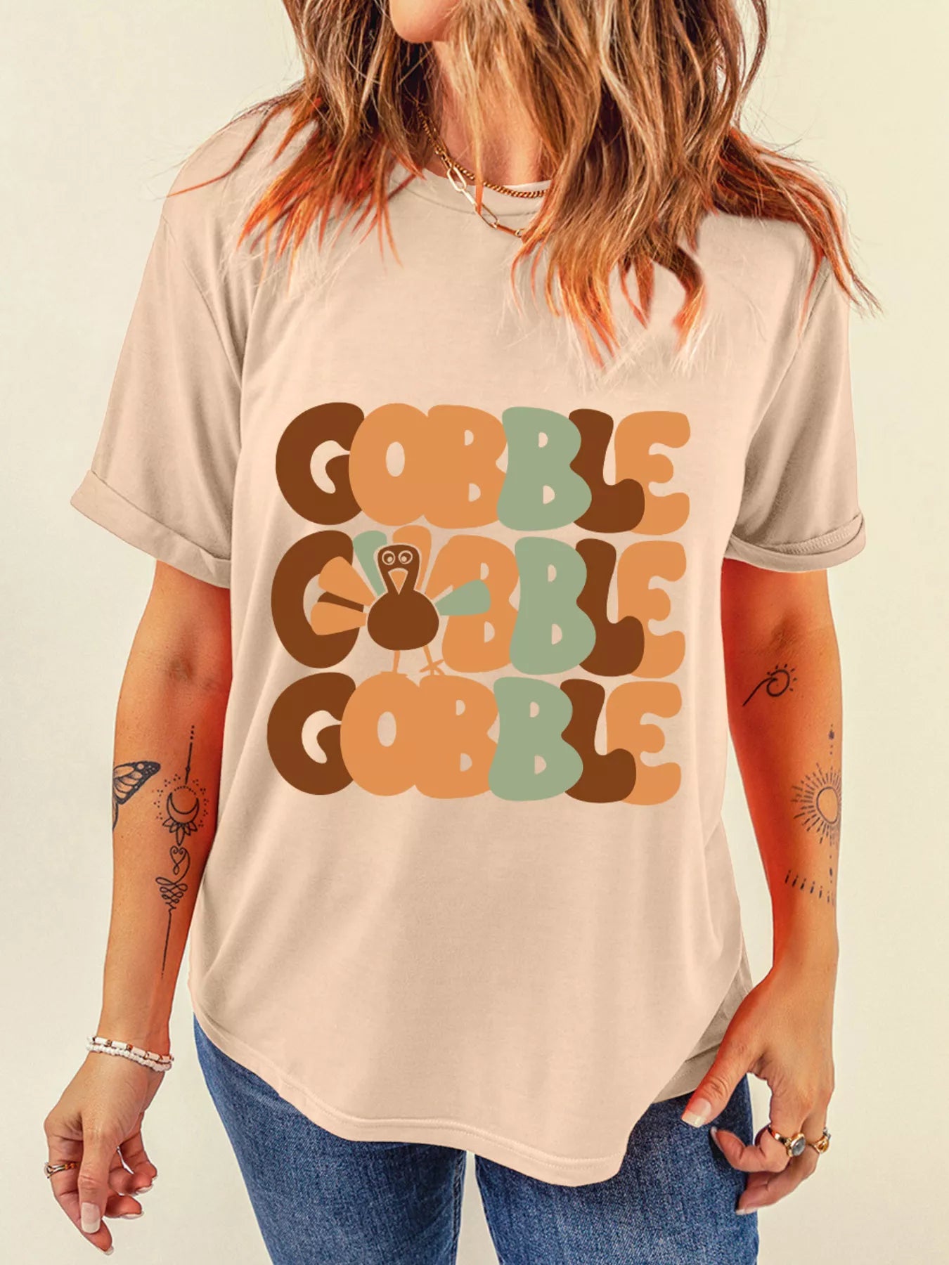 GOBBLE Turkey Graphic Thanksgiving Round Neck Tee