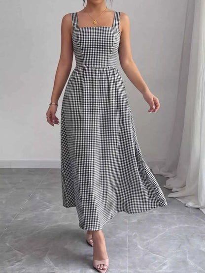 Square Neck Gingham Midi Dress