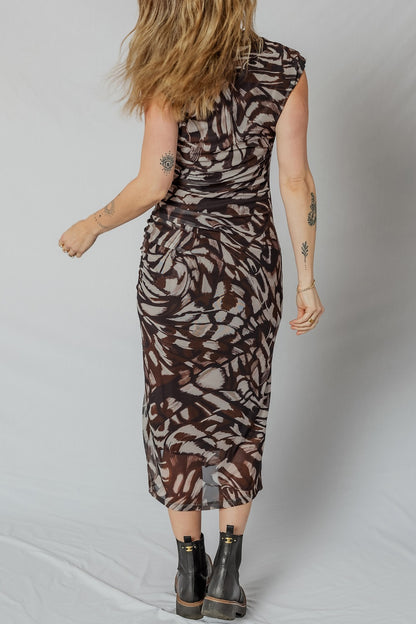 Abstract Print Ruched Midi Dress with Slit