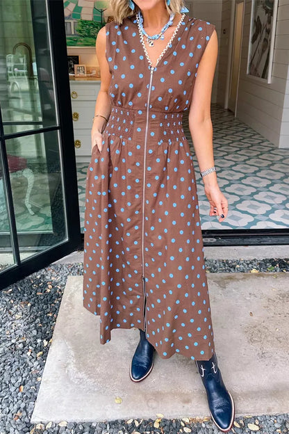 Polka Dot Zipper Front Midi Dress
