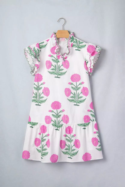 Floral Print Ruffle Trim Casual Mini Dress