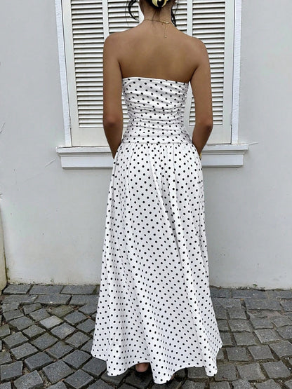 Polka Dot Ruched Strapless Maxi Dress
