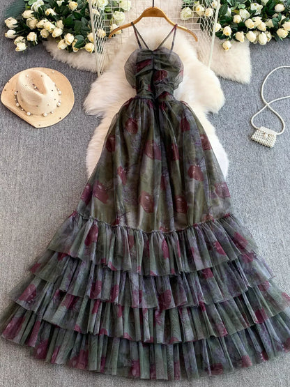 Floral Print Ruffled Layered Mesh Dress