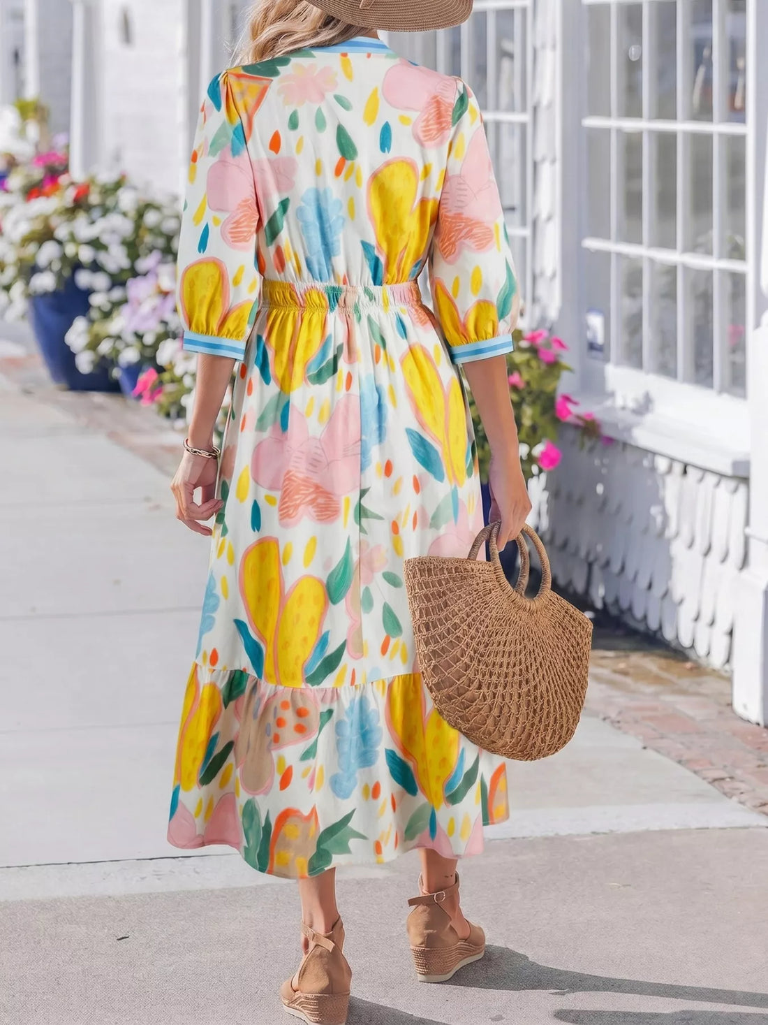 Multicolour Floral Doodle Print Striped Trim V Neck Midi Dress