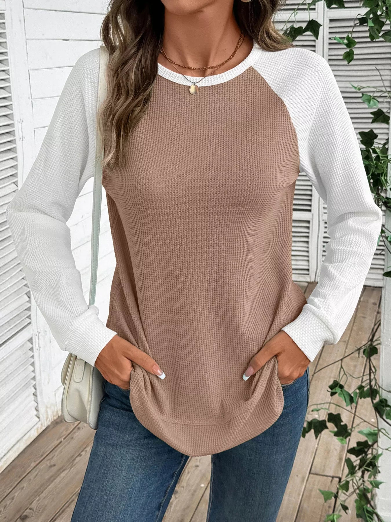 Contrast Raglan Sleeve Waffle Knit T-Shirt