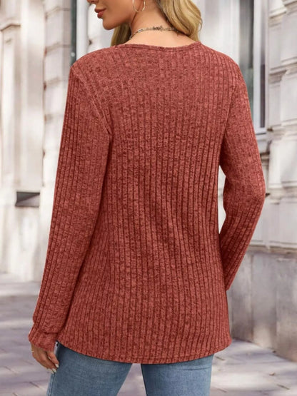 Ribbed Knit Button-Front Long Sleeve T-Shirt