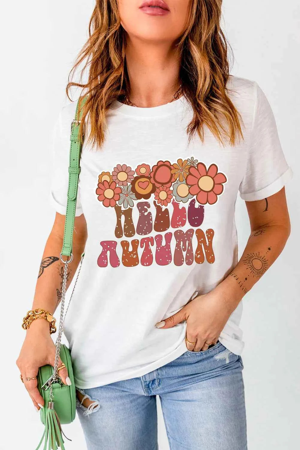 Flower &amp Letter Graphic Round Neck Short Sleeve T Shirt Lojy Shop
