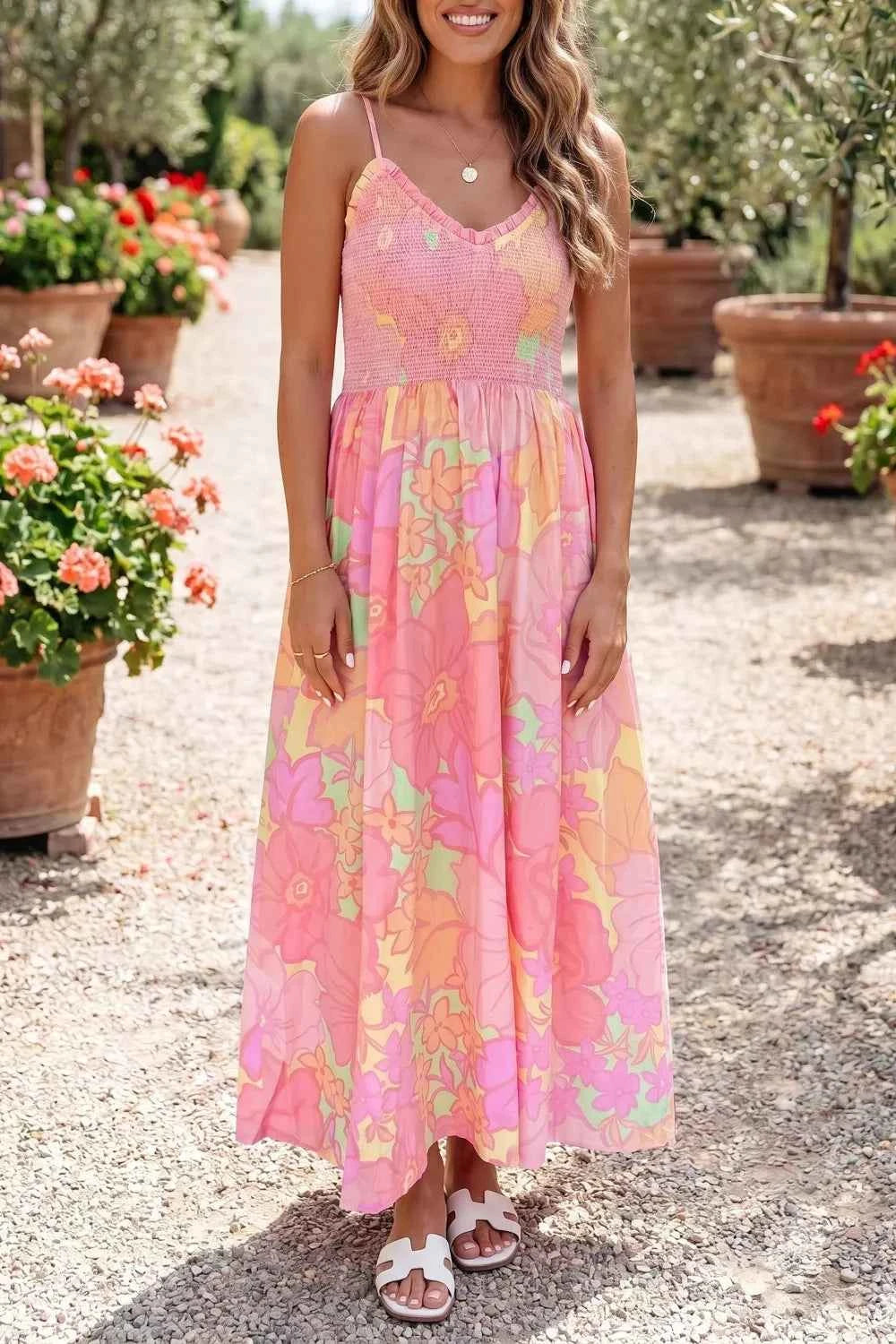 Spaghetti Straps Floral Shirred High Waist Dress