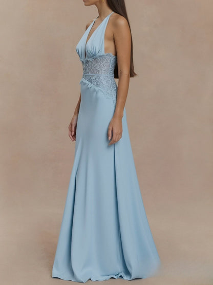 Halter Neck Lace Trimmed Maxi Dress