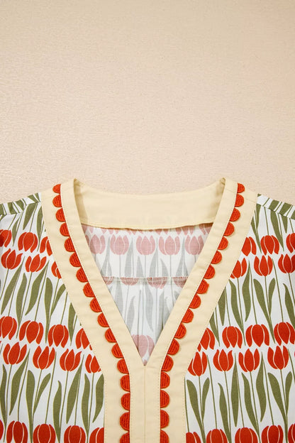 Tulip Floral Print Cotton Puff Short Sleeve Mini Dress