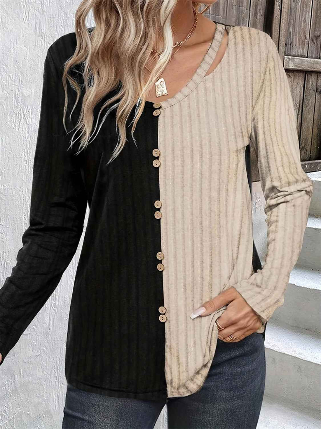 Decorative Button Contrast Round Neck Long Sleeve T-Shirt - Lojy Shop