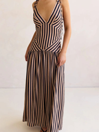 Striped V-Neck Tie-Shoulder Maxi Dress