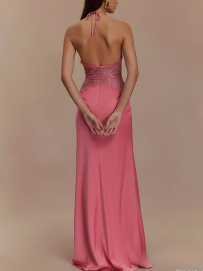 Halter Neck Lace Trimmed Maxi Dress