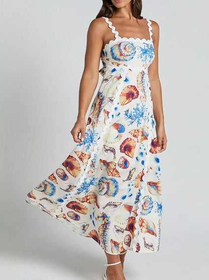 Seashell Print Scalloped Midi Dress