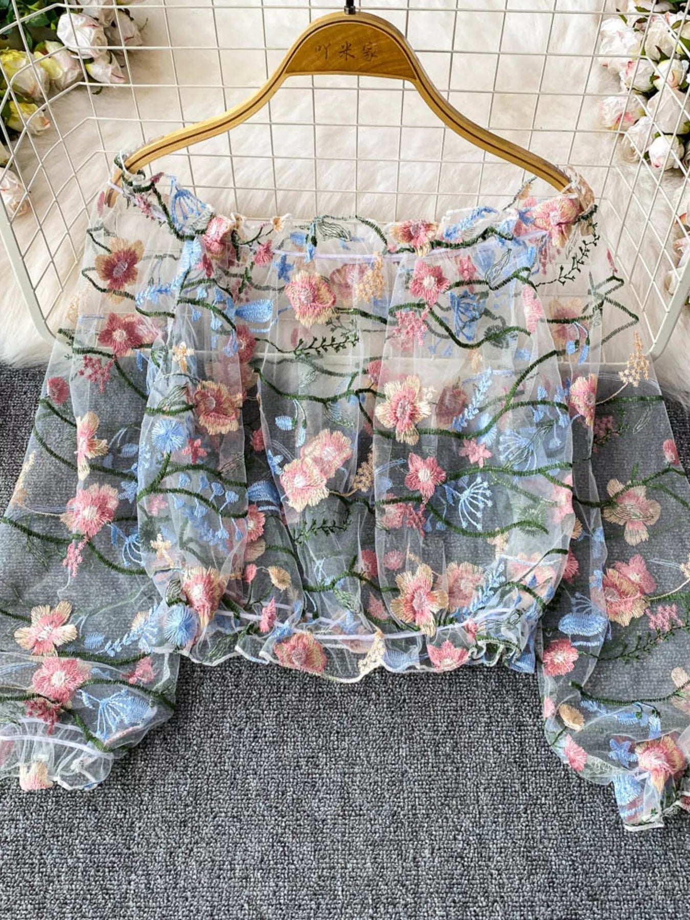 Floral Embroidered Mesh Off-Shoulder Top