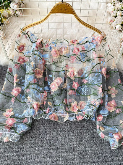 Floral Embroidered Mesh Off-Shoulder Top