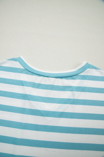 Stripe V Neck Patched Pocket Casual T Shirt