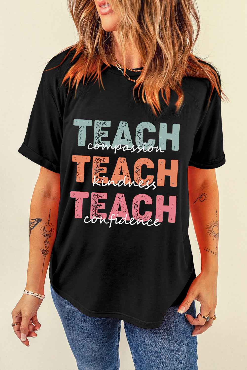 Letter Graphic Round Neck Short Sleeve T-Shirt - Lojy Shop