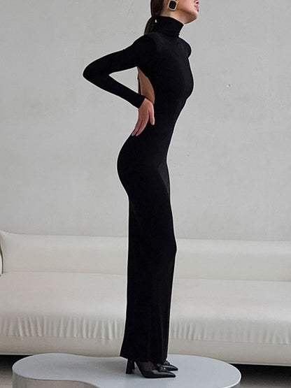 Backless Turtleneck Long Sleeve Bodycon Maxi Dress