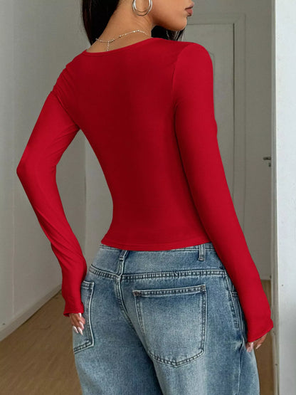 Solid Color Square Neck Long Sleeve Slim Fit T-Shirt