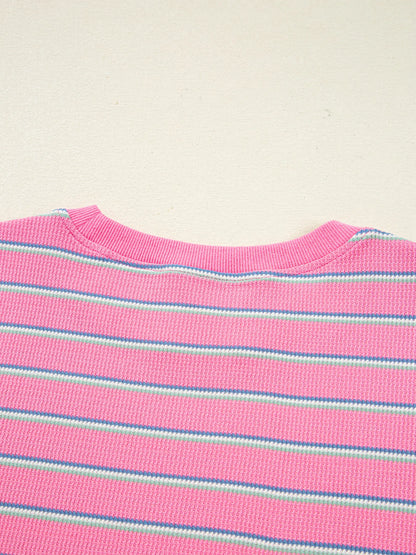 Stripe Textured Knit Round Neck Puff Sleeve Top