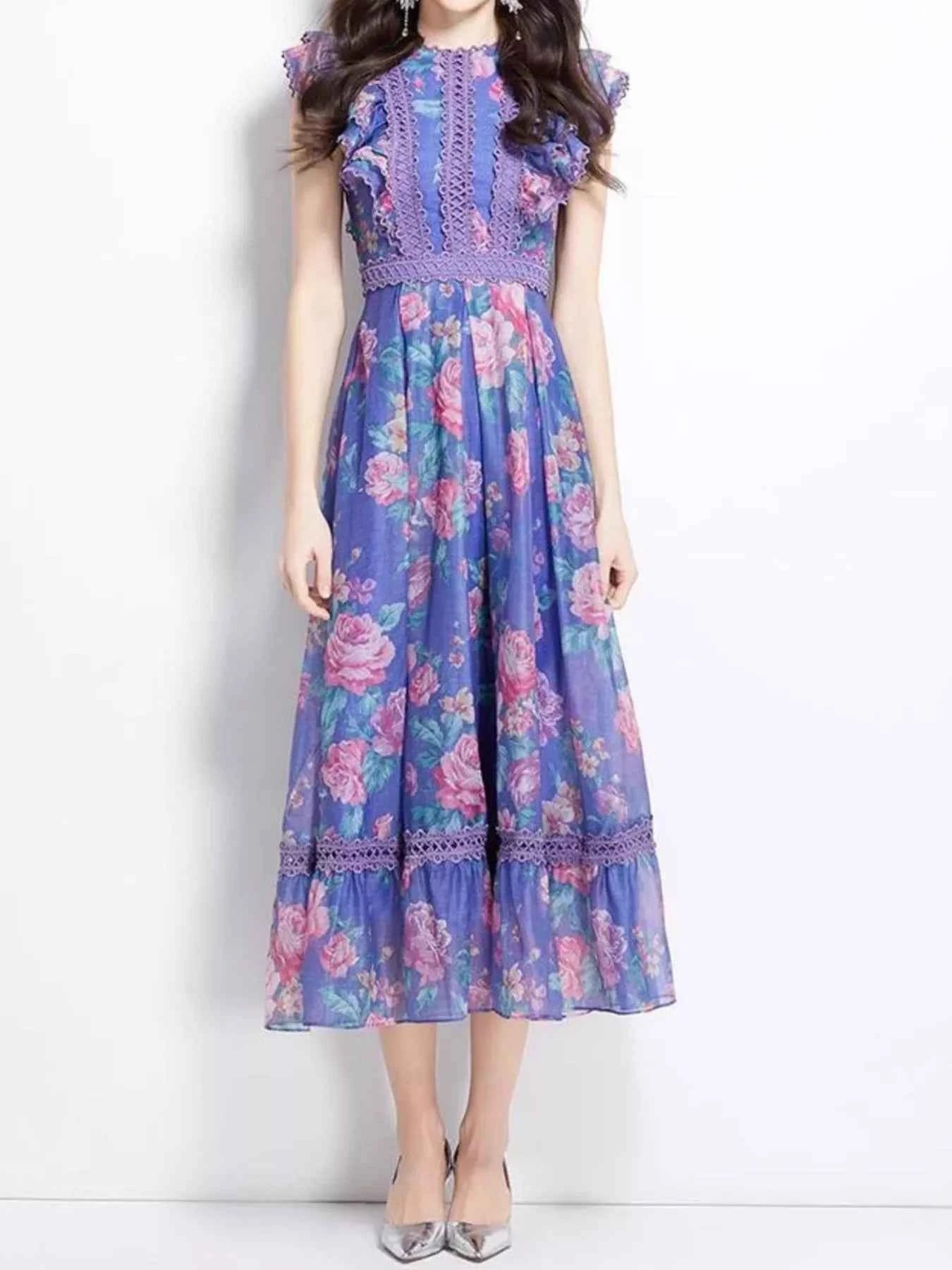 Floral Print Ruffle Sleeve Midi Dress