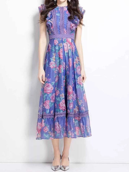 Floral Print Ruffle Sleeve Midi Dress