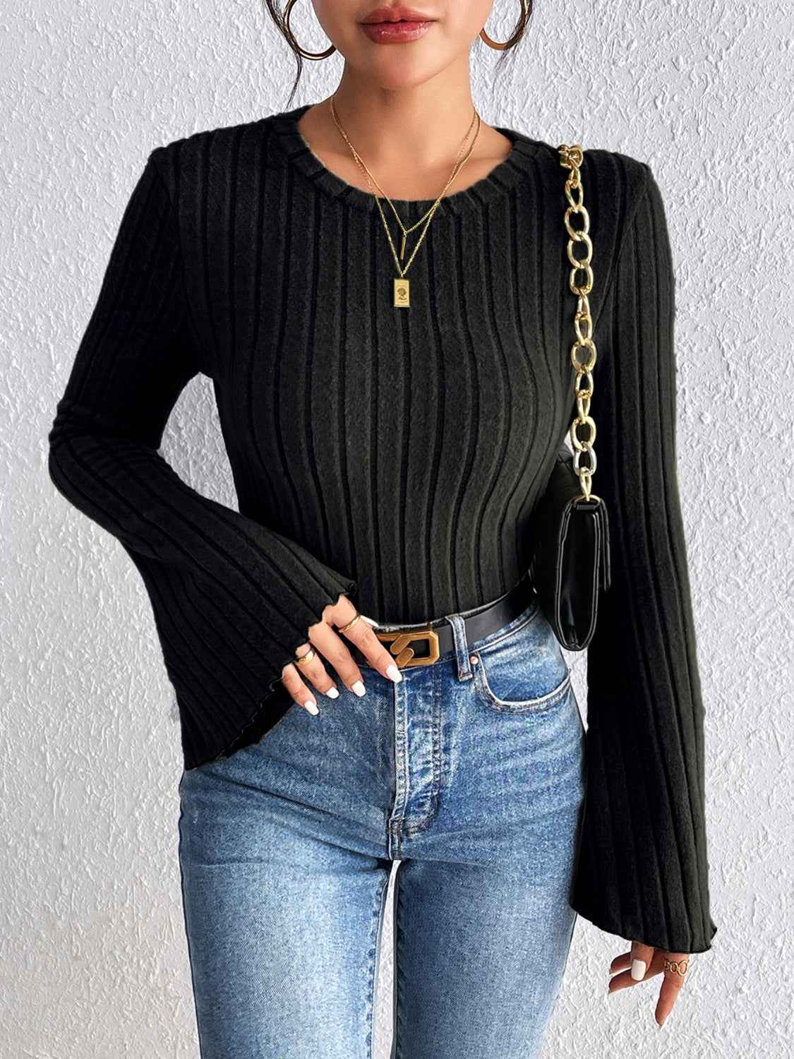 Honey Round Neck Flare Sleeve T Shirt Lojy Shop