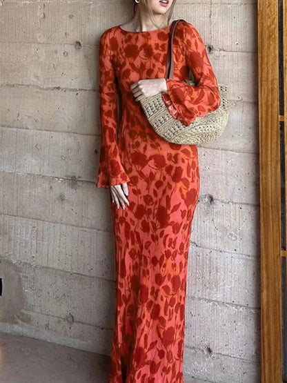 Floral Print Fare Sleeve Maxi Dress