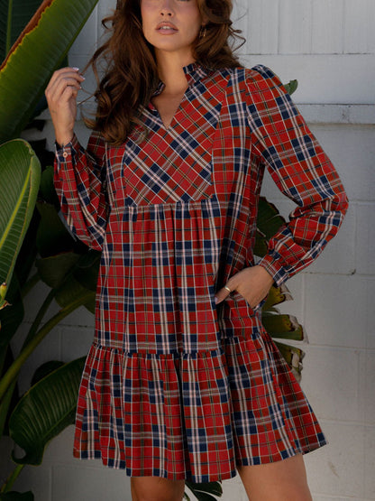 Plaid Print Frilly Collar Long Sleeve Shift Mini Dress