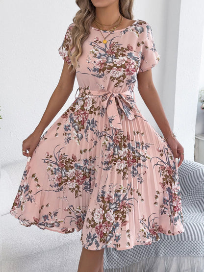 Floral Print Pleated A-Line Midi Dress