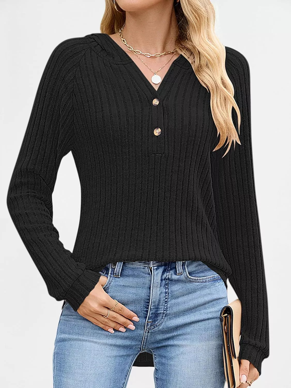 Full Size Ribbed Knit Button Detail Hooded Top Plus Size