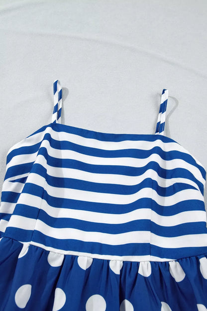 Striped Polka Dot Patchwork High Waist Spaghetti Straps Maxi Dress