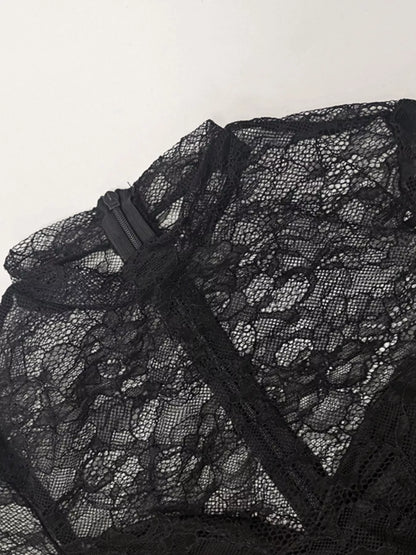 Lace Sheer Mock Neck Long Sleeve Maxi Dress