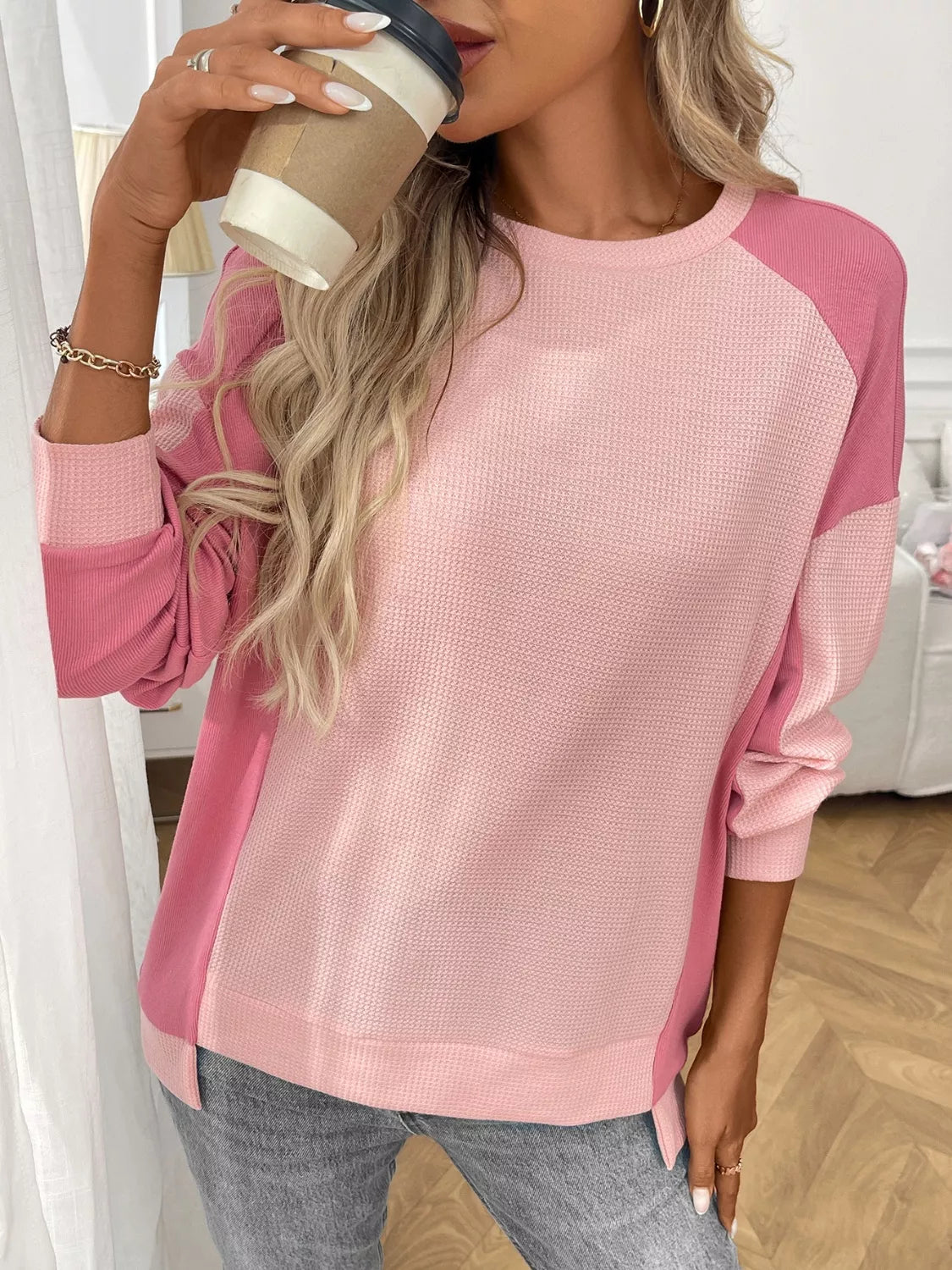 Color Block Waffle Knit Long Sleeve T-Shirt