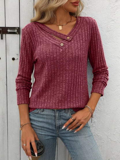Ribbed Knit Long Sleeve Button Detail T-Shirt