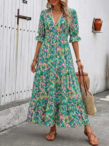 Printed V-Neck Flounce Sleeve Dress