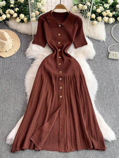 Button Front Ribbed Knit Midi Dress