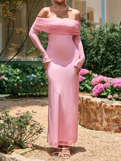 Off-Shoulder Ruched Long Sleeve Maxi Dress