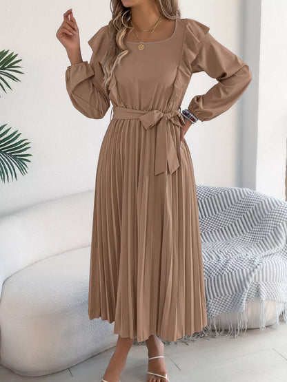 Ruffle Trim Pleated A-Line Midi Dress