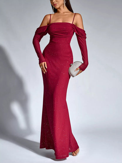 Glitter Ruched Long Sleeve Mermaid Maxi Dress