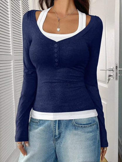 Contrast Long Sleeve Fake Two-Piece T-Shirt