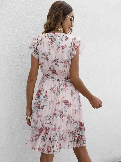 Pleated Floral Print Ruffle Sleeve Dress