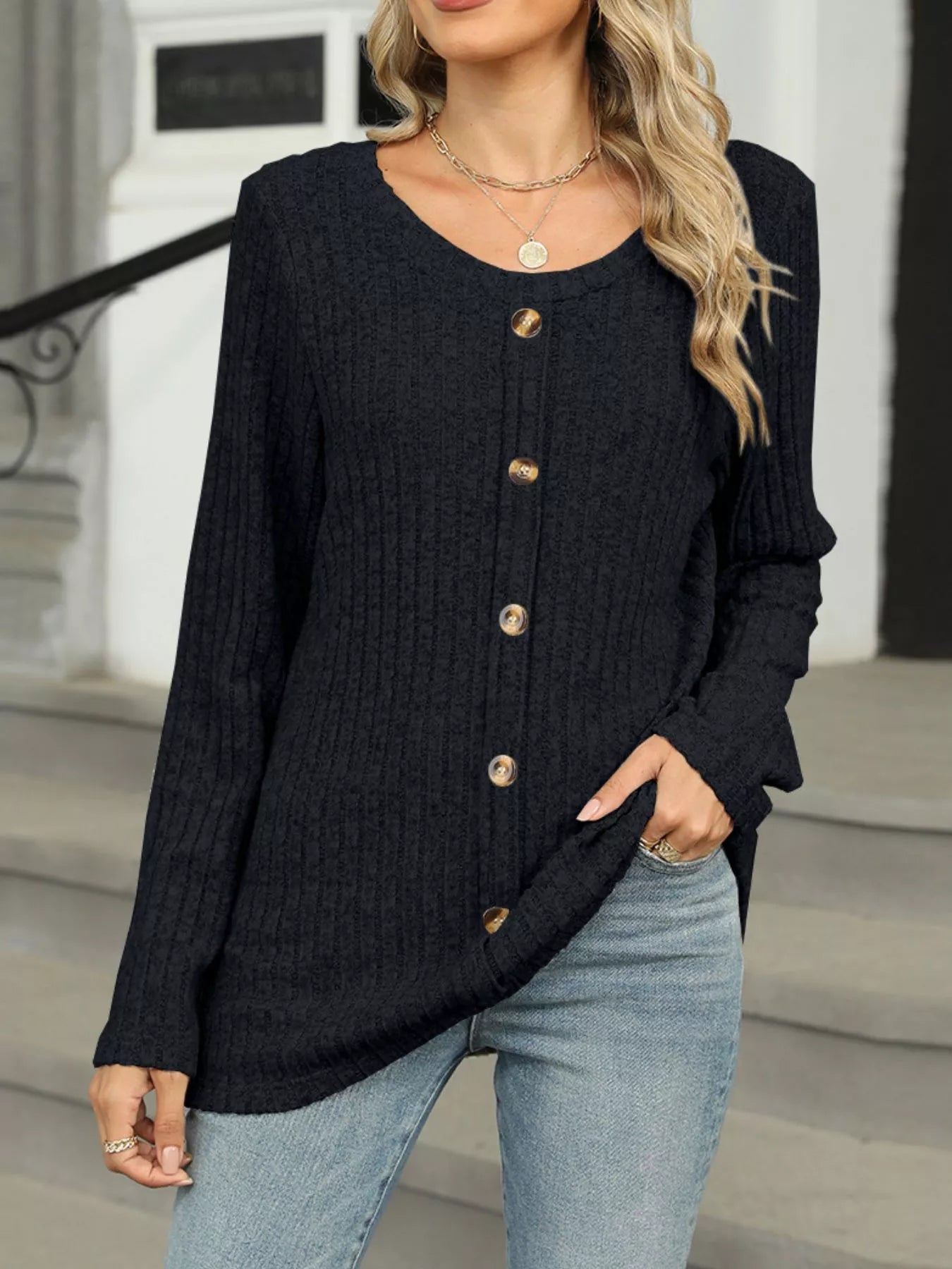 Ribbed Round Neck Long Sleeve Top