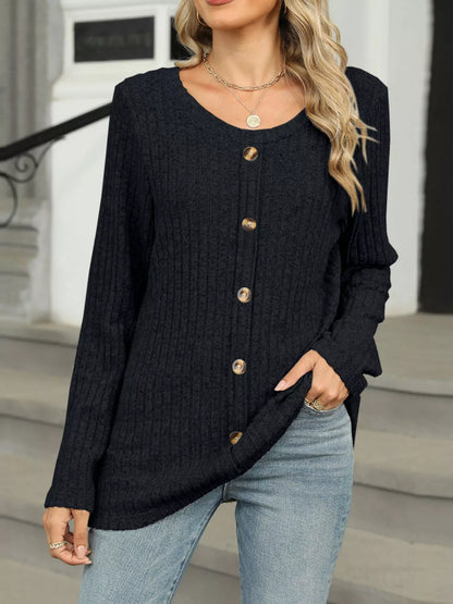 Ribbed Round Neck Long Sleeve Top